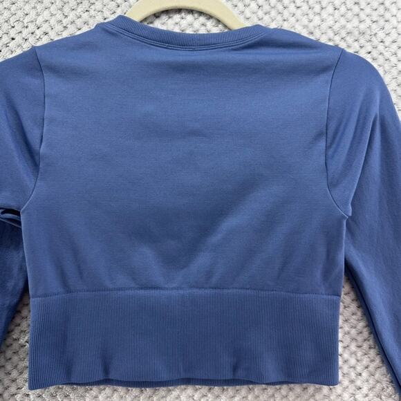 aerie Top Women XS Blue Rib Hem Crop Seamless Crew Neck Long Sleeves Activewear - Picture 5 of 9